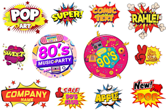 create pop art, funko, vintage, retro, 80s, 90s logo and words text comic style