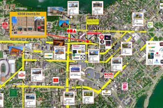 design retail trade aerial map with site arrow, logo labels