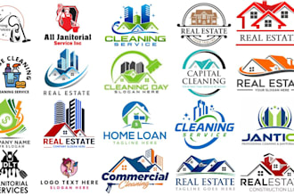 design janitorial, real estate building commercial cleaning and clean house logo