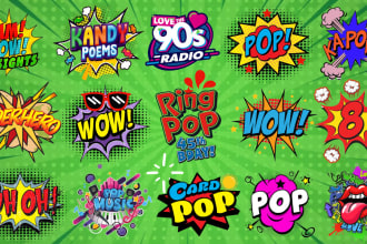 design music, graffiti, rock, comic text, pop brand logo in 24 hrs