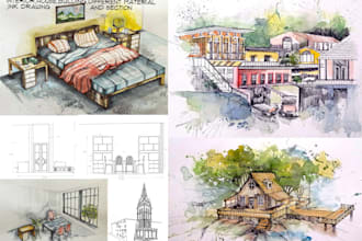 draw detailed architectural watercolor drawing