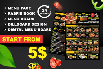 do recipe book, menu page , billboard, digital menu board designing