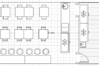 design a test fit layout with equipment list for a food and beverage business
