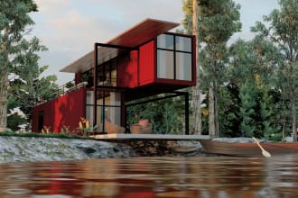 design and render of shipping container houses and  cabins