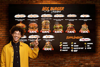 design a static menu board , screen food menu for your restaurant
