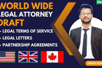 draft legal terms of services, legal letters, partnership agreements for USA, UK