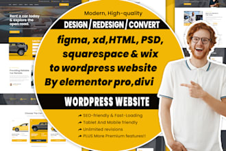 convert figma, xd,HTML, squarespace, wix to wordpress website elementor pro,divi