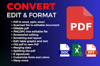 convert,format, and design pdf into ms word ppt and excel in 12 hours