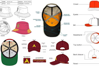 do custom hats trucker, caps with tech pack, mockups, beg, flat sketch, packing