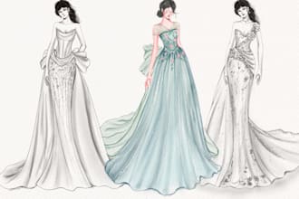 draw a fashion illustration and sketch , bridal wedding dress, prom and gown