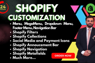 setup shopify menus, footer, collections, metafields, icons, filters