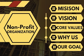 write an inspiring non profit mission and vision statement, about us,bio, slogan