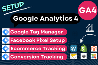 setup ga4, tag manager, fb pixel, ads conversion tracking, ecommerce tracking