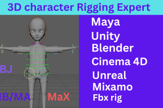 do 3d character rigging in maya, cinema 4d, blender, and unity