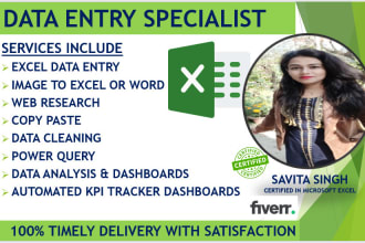 do data entry, data analysis, clean data using power query, make dashboards