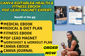 design canva ebook health fitness ebook,medical book, lead magnet, workout plan