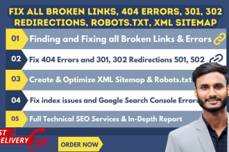 fix broken links, 404 errors, 301, 302 redirect, robots txt, sitemap