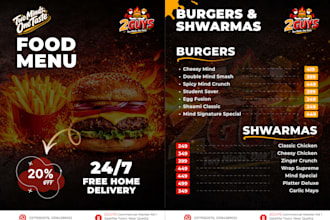 create food menu, restaurant menu, and menu board design