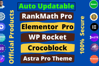 install astra pro, elementor pro, wp rocket, rankmath pro, crocoblock