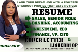 write resume for sales, svp, accounting, finance, investment, ceo, cto, cxo