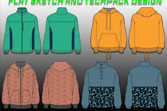 create detailed tech packs and flat sketches for apparels