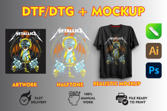 make a halftone image for dtf dtg printing and a realistic mockup