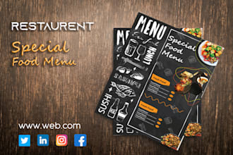create a restaurant menu and design with a focus on the burger, pizza, and cafe