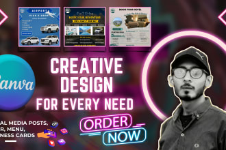 design bulk social media posts, flyer, menu, business cards
