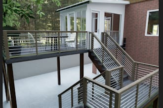 render landscape with patio, pergola with garden and pool