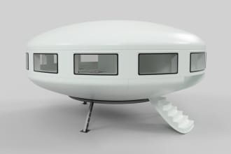 create tiny ufo house 3d renderings like studio scene