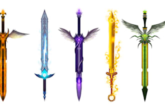 create detailed 2d weapons with an epic style