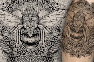 create dark blackwork tattoo design in engraving style