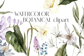 create digital botanical watercolor clipart of flowers, leaves, fruits, plants