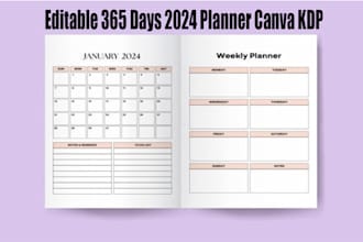 send you editable 365 days 2024 planner canva KDP