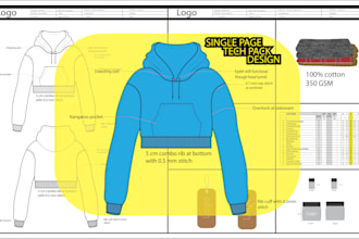 design single page tech pack with size chart and size guide