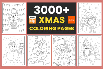 design unique 3000 christmas coloring book pages for children, KDP and etsy