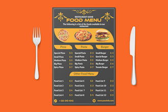 professional restaurant menus, food menus, food flyers or brochures and banner