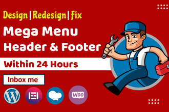 design or fix wordpress mega menu, header, footer and css issue within 24hrs
