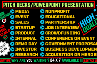 investor pitch decks, professional power point designs and presentation, courses