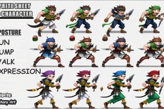 draw 2d game asset 2d sprite sheet character in pixel art for your game