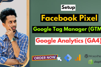 setup google analytics 4, facebook pixel, tag manager conversion, ga4