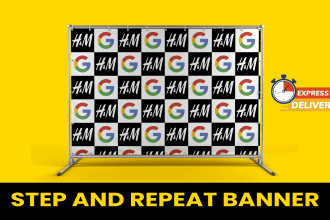 design step and repeat, logo backdrop and roll up banner very fast