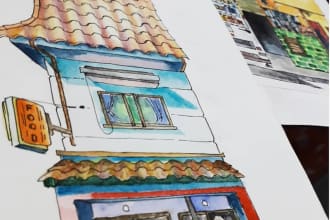 sketch store front and urban landscape using watercolor