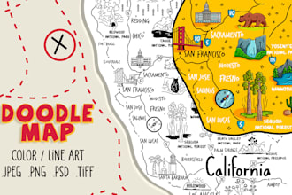 draw cartoon fantasy map illustration, doodle hand drawn