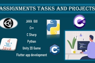 do java gui, cpp, c sharp, flutter, python, assignments and projects