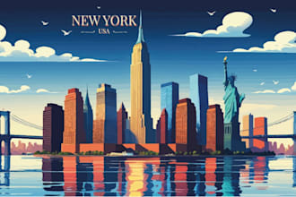 draw travel poster, skylines, landmarks and silhouette art