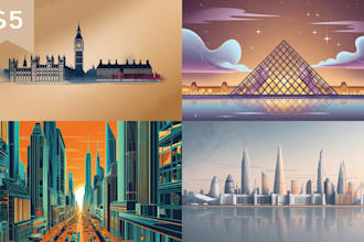 create a city skyline, landmarks, silhouette and cityscapes