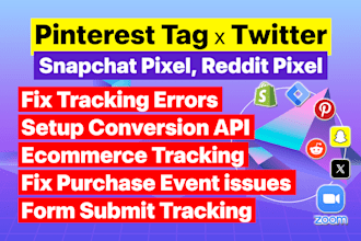 setup twitter pixel, pinterest tag, snapchat pixel, reddit pixel conversion api
