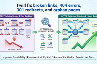 fix broken links, 404 errors, 301 redirects, and orphan pages