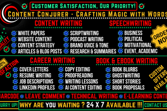 book proposals, book blurb, white paper, job descriptions, speechwriting, resume